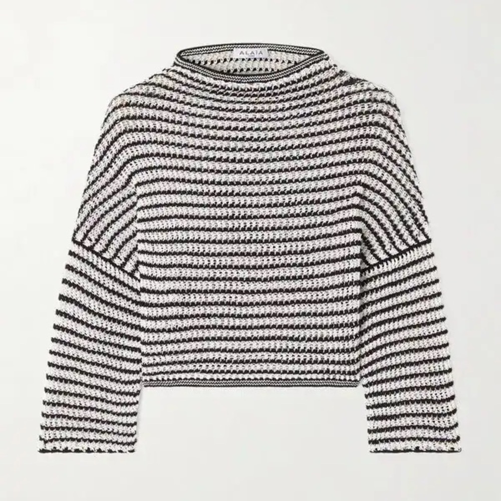 Alaïa Black and White Striped Cropped Turtleneck Sweater